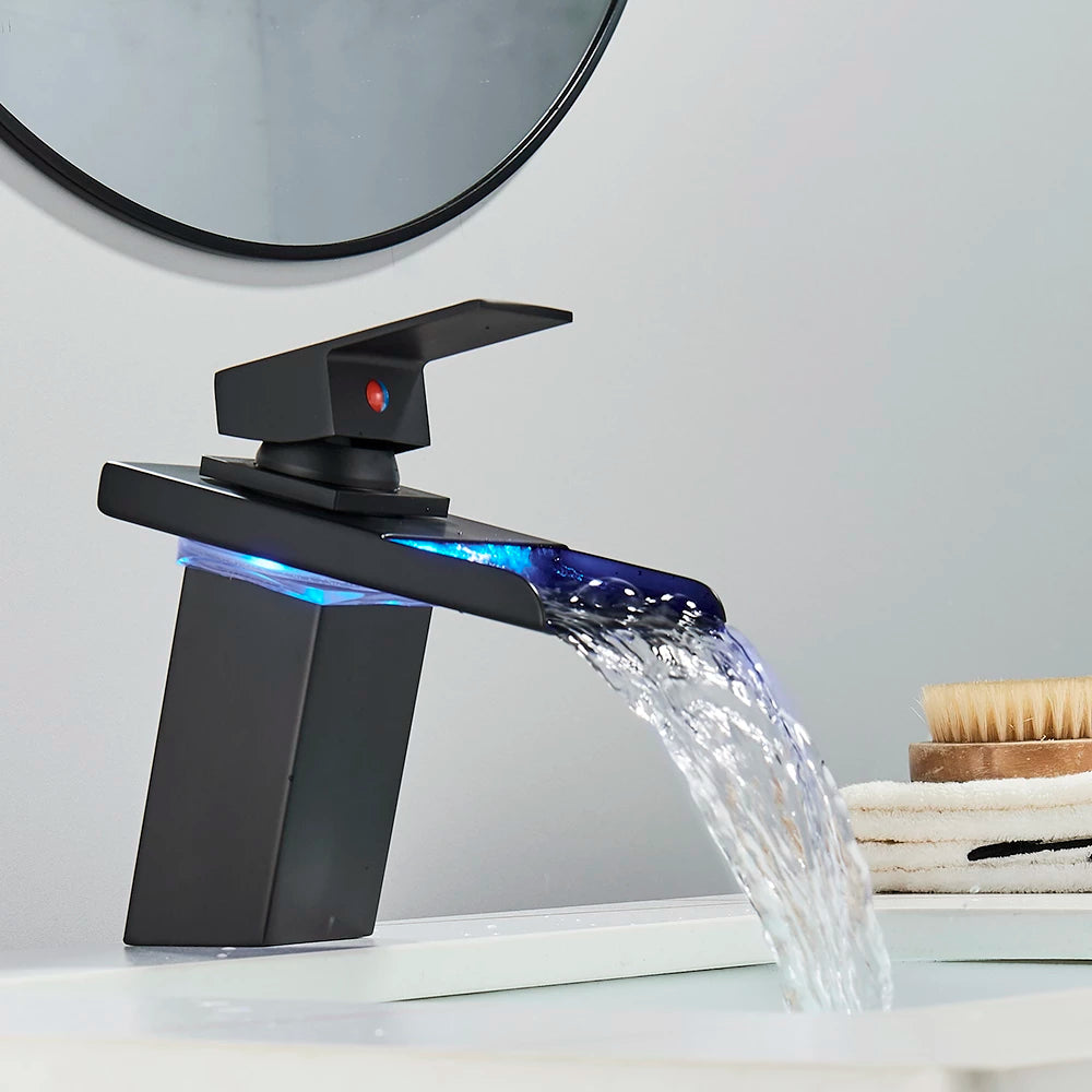 ALDO Hardware>Plumbing Fixtures Luxury Modern Bathroom Waterfall Basin Faucet LED Color Changing Deck Mounted Single Handle