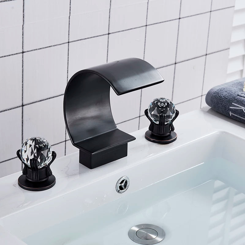 ALDO Hardware>Plumbing Fixtures New Bathroom Basin Rainfall Faucet Brass Black / Brass and ABS / Black Chrome and Gold Luxury Retro European Style Bathroom Basin Faucet Brass Deck Mounted Double Handles Cold and Hot Waterfall