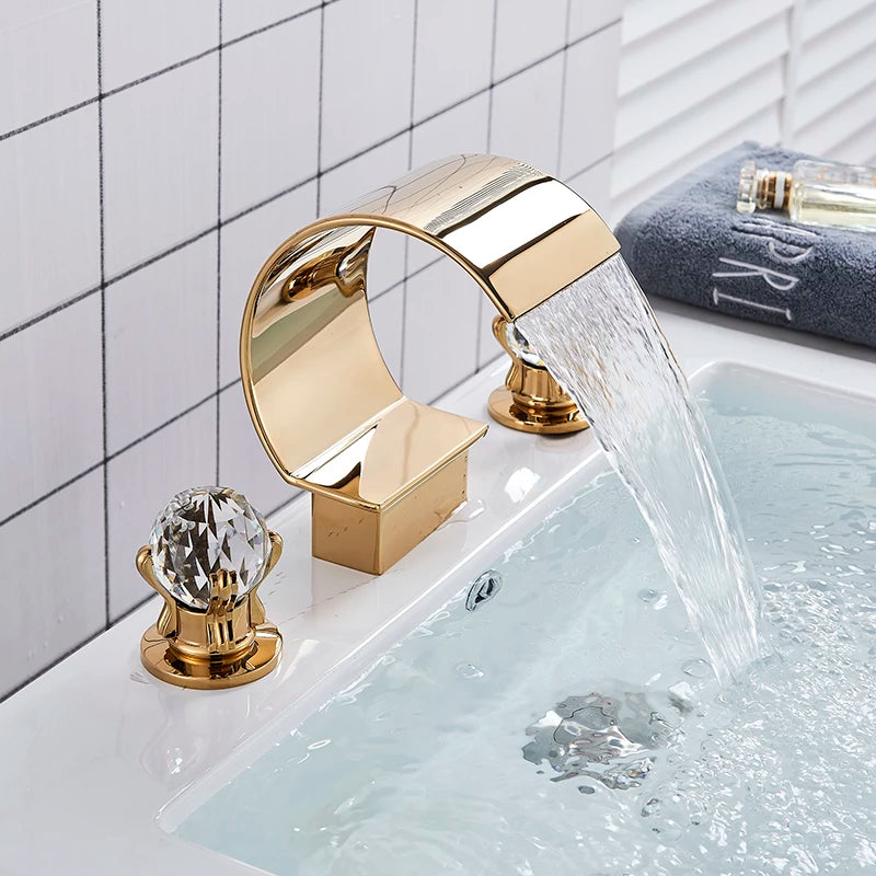 ALDO Hardware>Plumbing Fixtures New Bathroom Basin Rainfall Faucet Brass Gold / Brass and ABS / Black Chrome and Gold Luxury Retro European Style Bathroom Basin Faucet Brass Deck Mounted Double Handles Cold and Hot Waterfall
