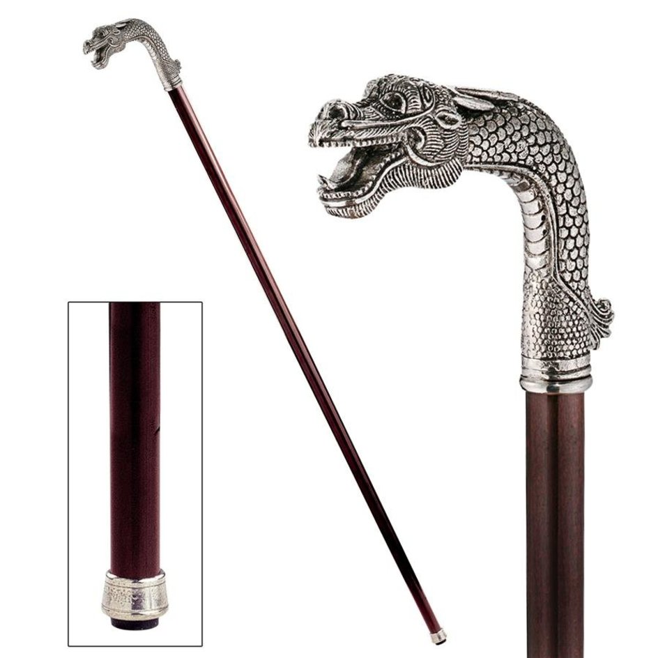 ALDO Health Care Mobility & Accessibility Canes & Walking Sticks 1"Wx6"Dx37"H. 2 lbs. / NEW / Wood Italian Solid Hardwood Asian Dragon Pewter Walking Stick Collectible Gift