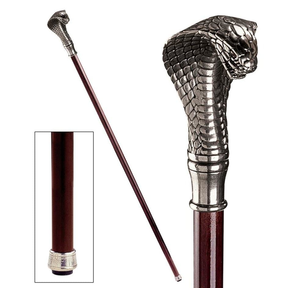 ALDO Health Care Mobility & Accessibility Canes & Walking Sticks 3"Wx2.5"Dx36"H / NEW / Wood Italian Solid Hardwood Cobra Pewter Walking Stick Collectible Gift
