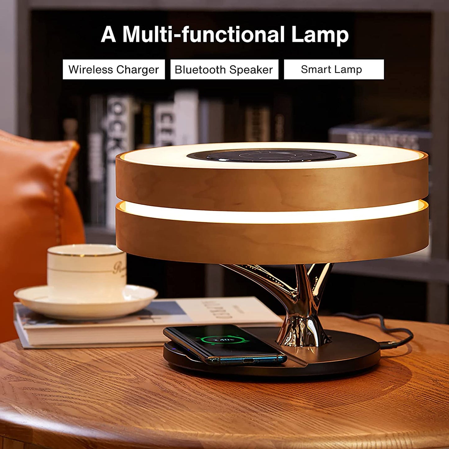 ALDO Home & Garden>Lamps> Lighting & Ceiling Fans 11"D x 11"W x 8"H / Wood Modern Art Deco Table Lamp Tree of Life Round Shape Smart Touch Wireless Bluetooth Speakers and Charging Pad