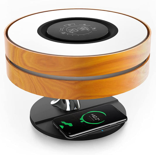 ALDO Home & Garden>Lamps> Lighting & Ceiling Fans 11"D x 11"W x 8"H / Wood Modern Art Deco Table Lamp Tree of Life Round Shape Smart Touch Wireless Bluetooth Speakers and Charging Pad