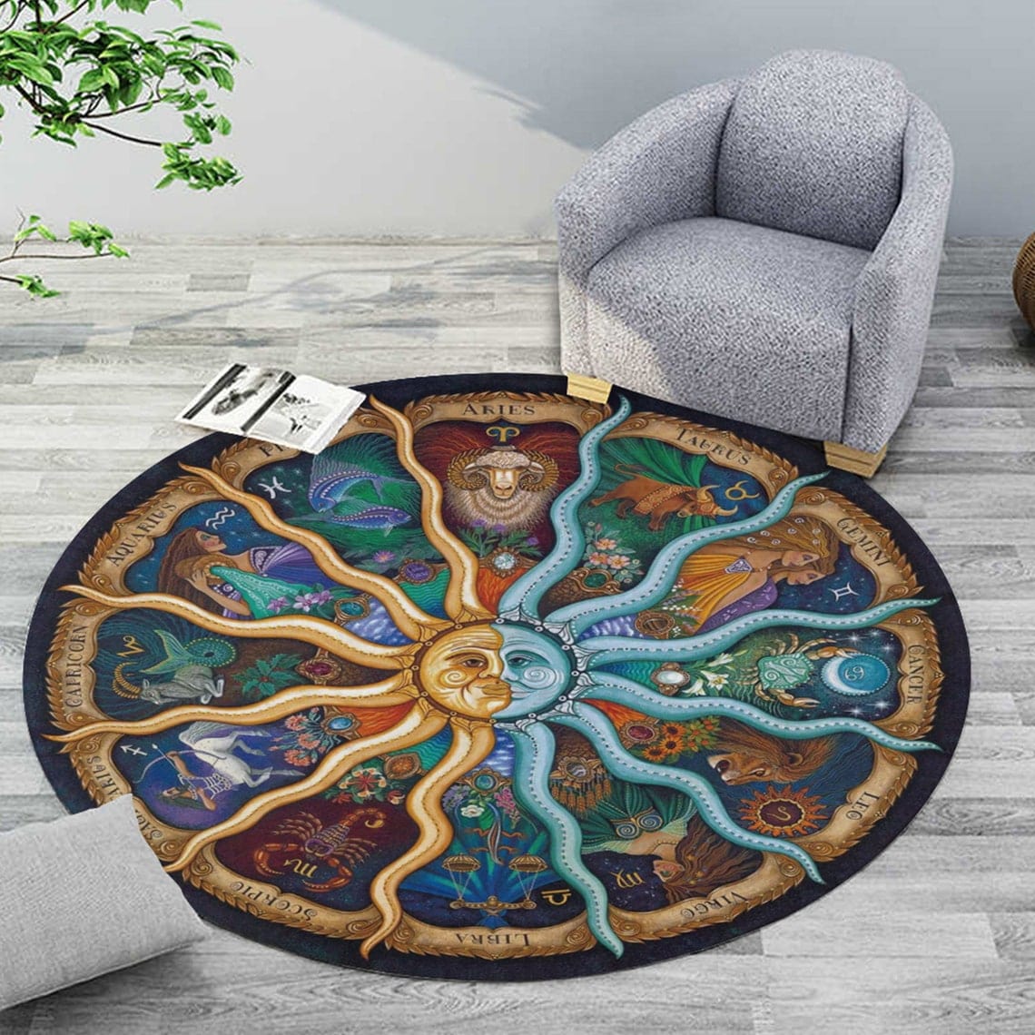 ALDO Home & Kitchen>Area Rugs>Carpet New 2 feet x 2 feet / Polyester / Multicolor Zodiac Sun Tarot Cards Style Luxury Non-Slip Round Rug Carpet