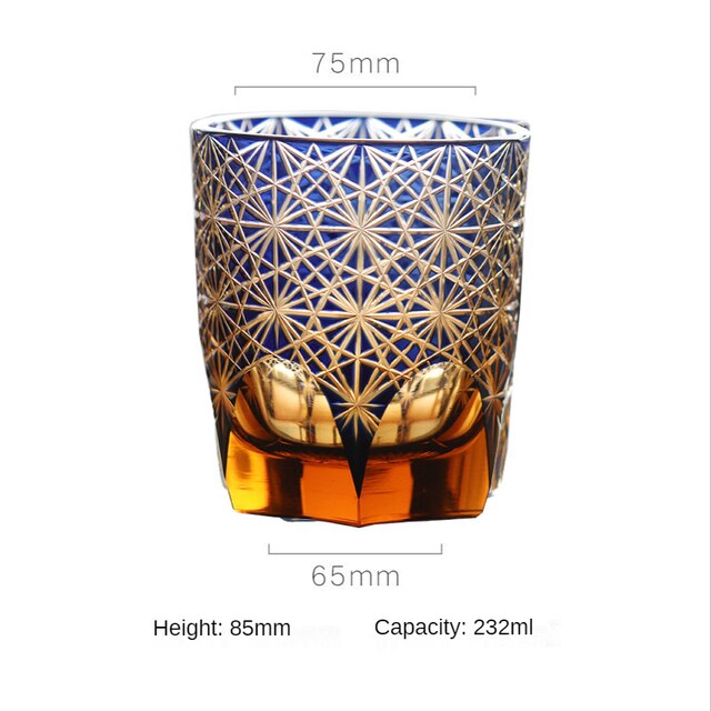 ALDO Home & Kitchen>Cups, Mugs, & Saucers New / Lead free Crystal / 85mm H x 75mm W / 33.4 " H x 29.5" W inches Japanese Kiriko Style Bohemian Czech Hand Cut and Blown Lead Free Crystal Blue Mesh Amber Whisky Cocktail and Vodka Glass
