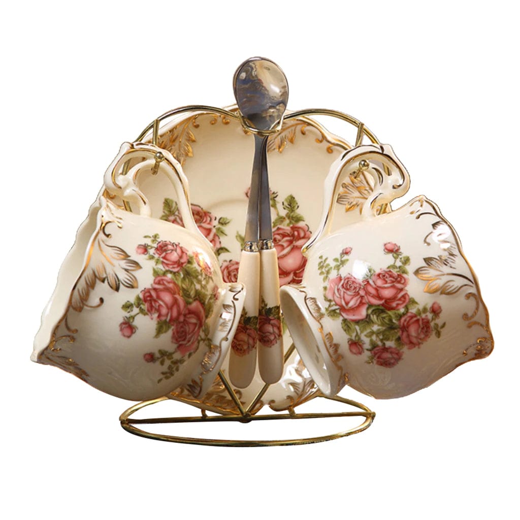 ALDO Home & Kitchen>Cups, Mugs, & Saucers Porcelain English Tea Cups Gold Plated Set of Six with Saucers, Spoons and Handle Rack Flowering Shrubs Golden Leaves Edge