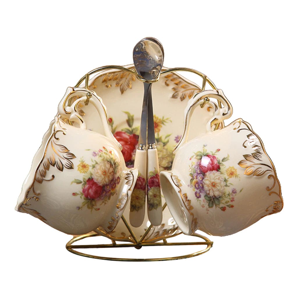 ALDO Home & Kitchen>Cups, Mugs, & Saucers Porcelain English Tea Cups Gold Plated Set of Six with Saucers, Spoons and Handle Rack Flowering Shrubs Golden Leaves Edge