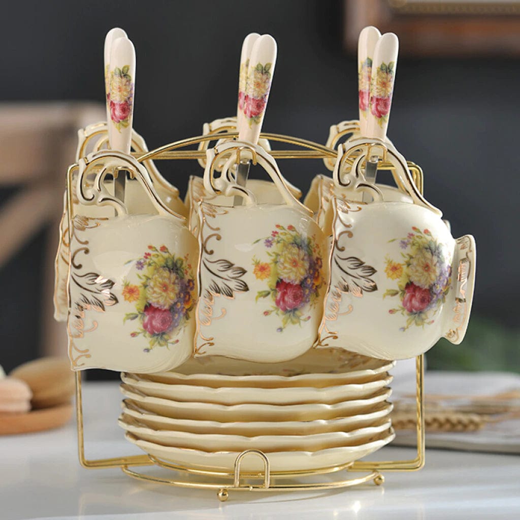 ALDO Home & Kitchen>Cups, Mugs, & Saucers tea cup: 8*8cm Tea plate: Diameter 15cm Spoon: 15cm Flowers / new / porcelain Flowers Porcelain English Tea Cups Gold Plated Set of Six with Saucers, Spoons and Handle Rack Flowering Shrubs Golden Leaves Edge