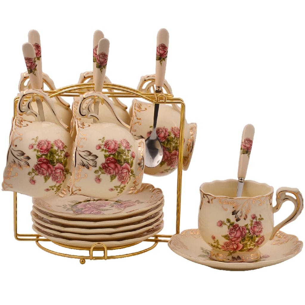 ALDO Home & Kitchen>Cups, Mugs, & Saucers tea cup: 8*8cm Tea plate: Diameter 15cm Spoon: 15cm Gold Trim / New / porcelain Gold Trim Porcelain English Tea Cups Gold Plated Set of Six with Saucers, Spoons and Handle Rack Flowering Shrubs Golden Leaves Edge
