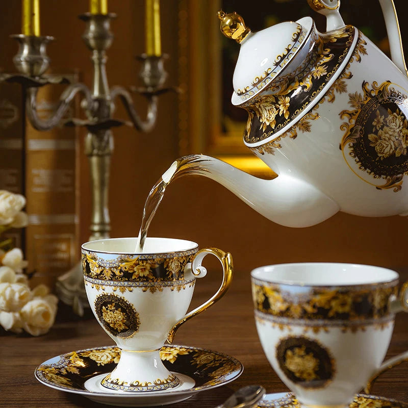 ALDO Home & Kitchen>Dinner Set Luxury English Royal Style Hand Made Fine Porcelain Bone China with Real Gold leaf Coffee and Tea Set To Serve 6