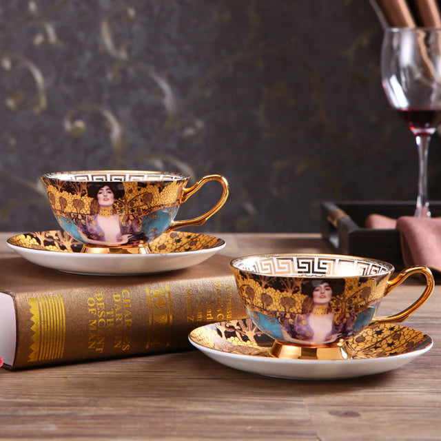 ALDO Home & Kitchen>Dinner Set New / Porcelain / Coffee and Tea Set Gold Black and White Gustav Klimt Art Style Coffee and Tea Set with Hand Made Fine Porcelain 24 karat Gold Plated To Serve 2 Person