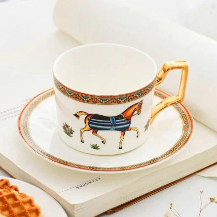 ALDO Home & Kitchen>Dinner Set Porcelain / Model 4 One Coup and One Saucer English Syle Galloping Horses Art Coffee and Tea Set Hand Made Porcelain 24 Karat Gold Plated Set for Two