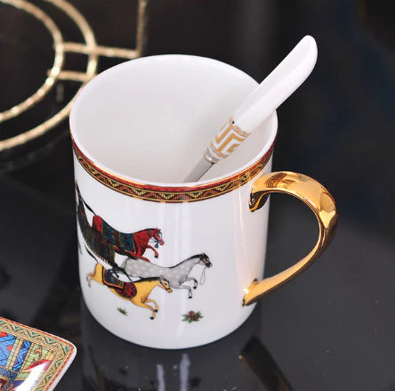 ALDO Home & Kitchen>Dinner Set Porcelain / Model 7 Coffee or Tea Cup With Spoon English Syle Galloping Horses Art Coffee and Tea Set Hand Made Porcelain 24 Karat Gold Plated Set for Two