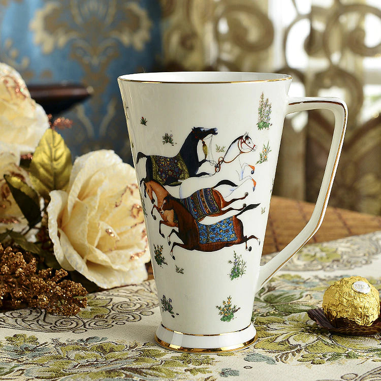 ALDO Home & Kitchen>Dinner Set Porcelain / Model 8 One Big Cup English Syle Galloping Horses Art Coffee and Tea Set Hand Made Porcelain 24 Karat Gold Plated Set for Two