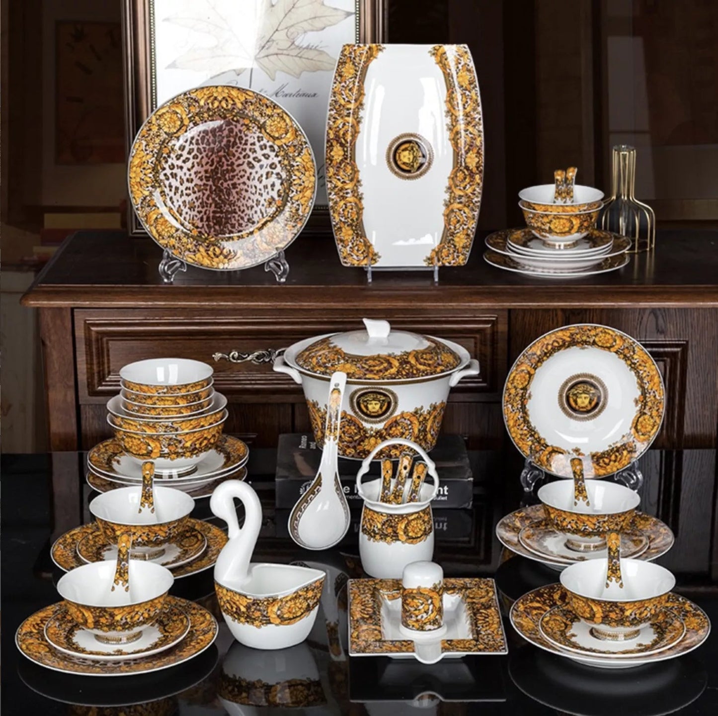 ALDO Home & Kitchen>Dinner Set Serving 60 Pieces / Porcelan / Brown Gold and White Luxury Versace Golden Medusa Head Style Glazed Gold-edge Hand Made Fine Porcelain Dinner 60 pieces Set