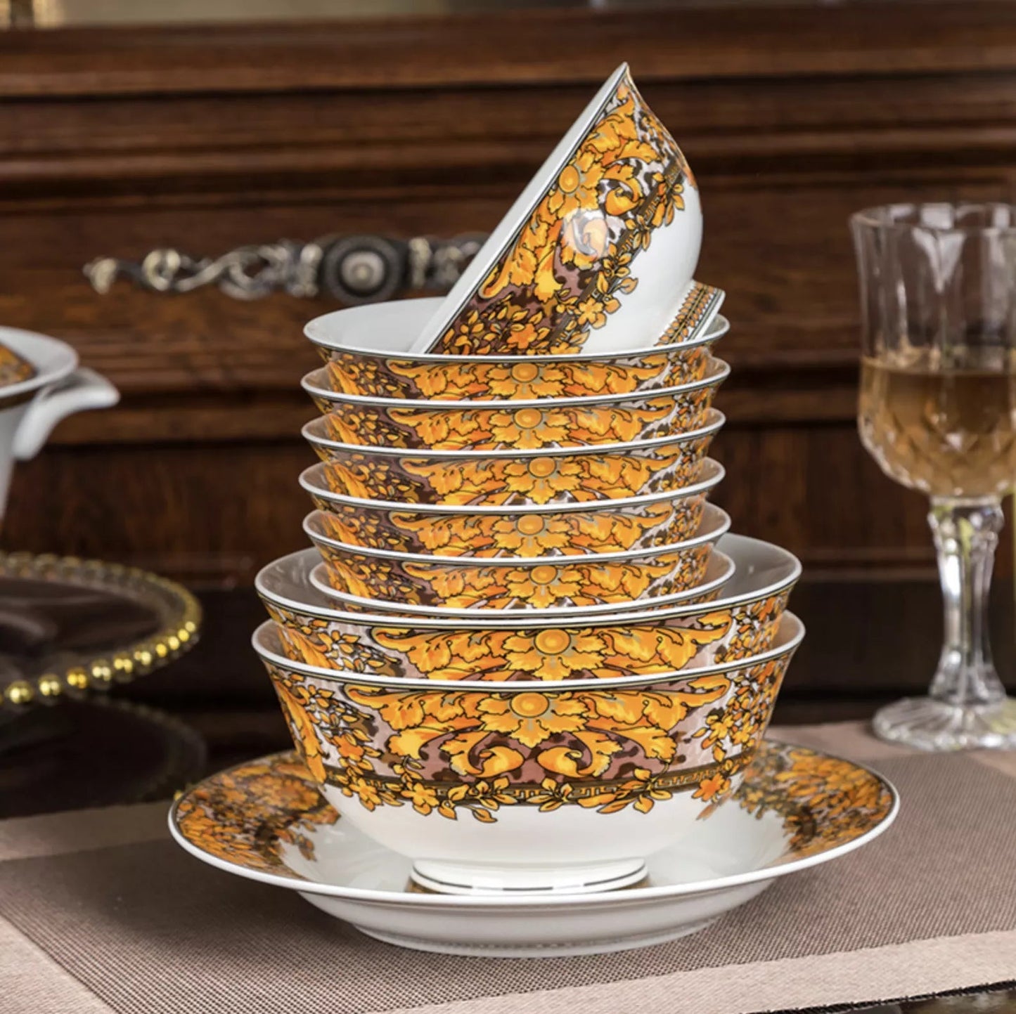 ALDO Home & Kitchen>Dinner Set Serving 60 Pieces / Porcelan / Brown Gold and White Luxury Versace Golden Medusa Head Style Glazed Gold-edge Hand Made Fine Porcelain Dinner 60 pieces Set