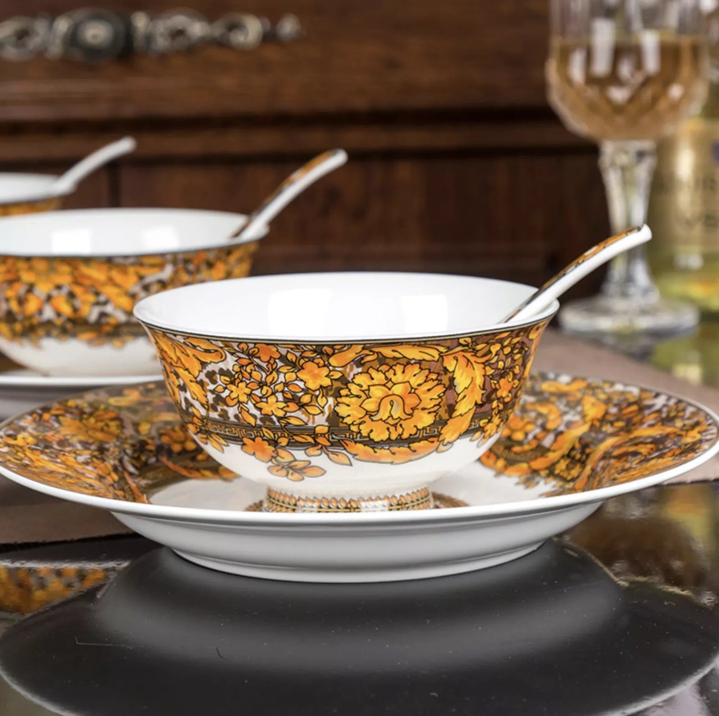 ALDO Home & Kitchen>Dinner Set Serving 60 Pieces / Porcelan / Brown Gold and White Luxury Versace Golden Medusa Head Style Glazed Gold-edge Hand Made Fine Porcelain Dinner 60 pieces Set