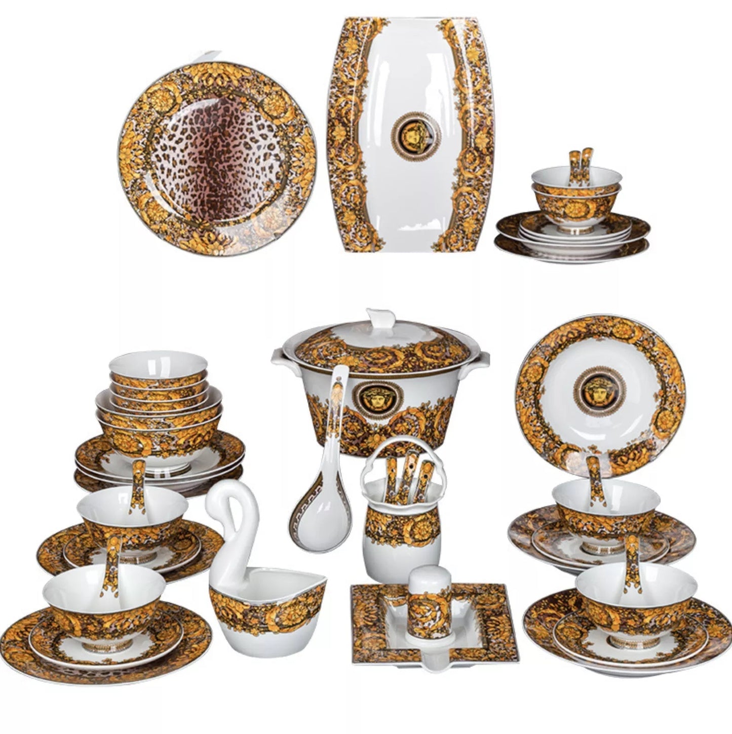 ALDO Home & Kitchen>Dinner Set Serving 60 Pieces / Porcelan / Brown Gold and White Luxury Versace Golden Medusa Head Style Glazed Gold-edge Hand Made Fine Porcelain Dinner 60 pieces Set