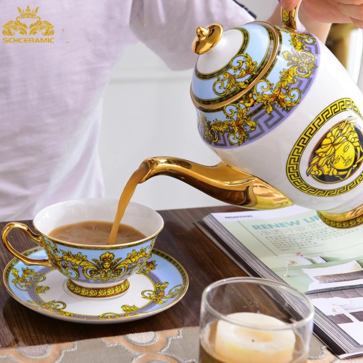 ALDO Home & Kitchen>Dinner Set Serving Six Persons / Porcelan / Blue and Gold and White Versace Style Coffee and Tea Set For 6 Person Hand Made Fine Porcelain 24 karat Gold Plated