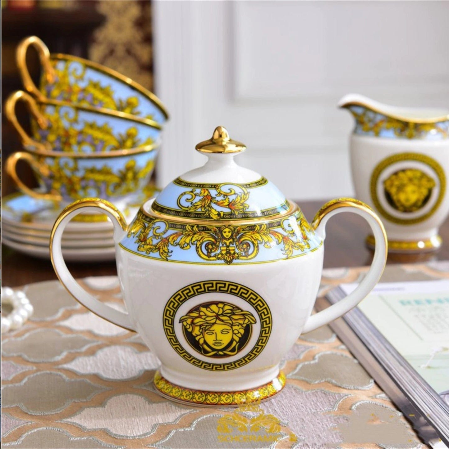 ALDO Home & Kitchen>Dinner Set Serving Six Persons / Porcelan / Blue and Gold and White Versace Style Coffee and Tea Set For 6 Person Hand Made Fine Porcelain 24 karat Gold Plated