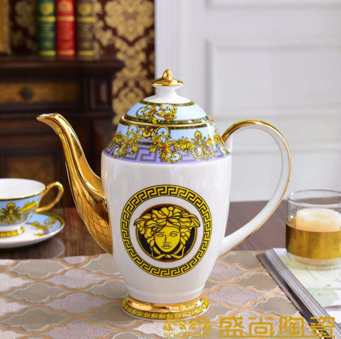 ALDO Home & Kitchen>Dinner Set Serving Six Persons / Porcelan / Blue and Gold and White Versace Style Coffee and Tea Set For 6 Person Hand Made Fine Porcelain 24 karat Gold Plated
