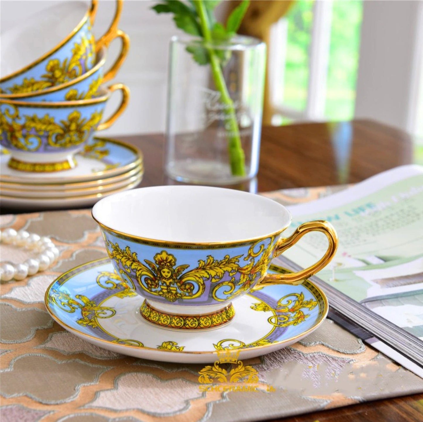 ALDO Home & Kitchen>Dinner Set Serving Six Persons / Porcelan / Blue and Gold and White Versace Style Coffee and Tea Set For 6 Person Hand Made Fine Porcelain 24 karat Gold Plated