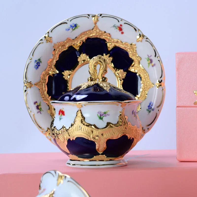 ALDO Home & Kitchen>Dinner Set>Tableware> Drinkware/ Royal Cort Luxury Style Fine Porcelain 24 K Gold Plated Blue and White Coffee Tea sets