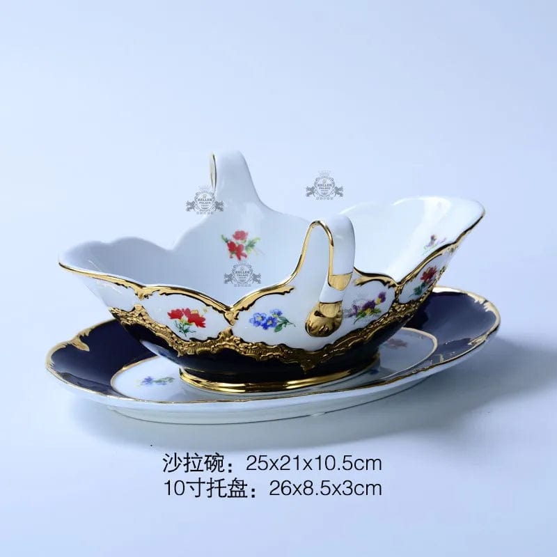 ALDO Home & Kitchen>Dinner Set>Tableware> Drinkware/ Salad bowl with Tray Royal Cort Luxury Style Fine Porcelain 24 K Gold Plated Blue and White Coffee Tea sets