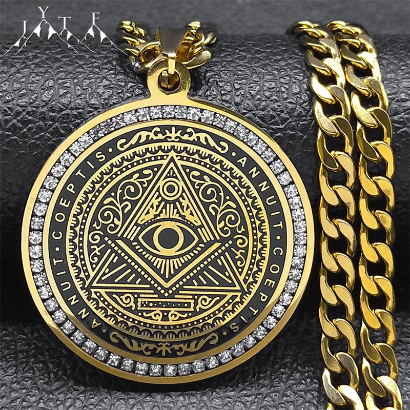 ALDO Jewelry Gold Kabbalah Talisman Seals with Rhine Stones Eye of Providence of God Symbol of Divine Watchfulness and Care Amulet Pentacle Pendant for Grat Protection in Your Life