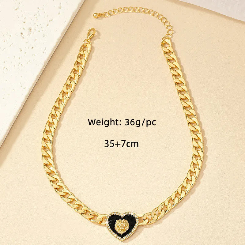ALDO Jewelry Gold-plated Lion Head Enamel Heart Shaped Amulet Collar Choker with Rhinestone for Woman