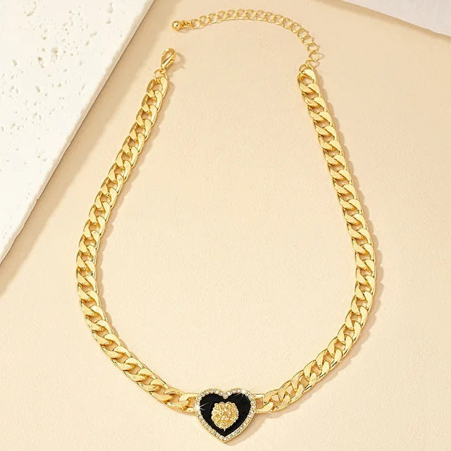 ALDO Jewelry Gold-plated Lion Head Enamel Heart Shaped Amulet Collar Choker with Rhinestone for Woman