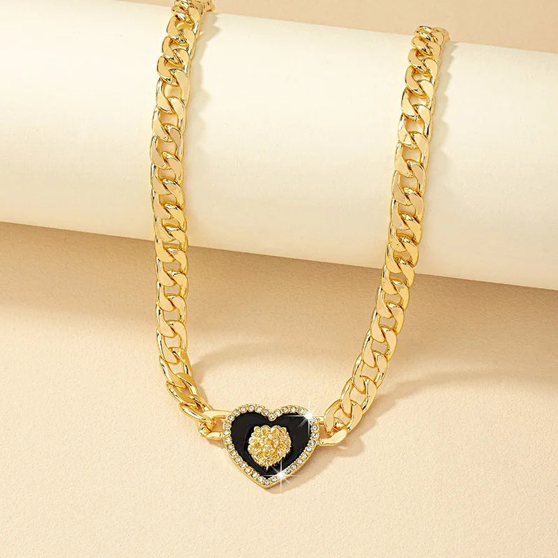 ALDO Jewelry Gold-plated Lion Head Enamel Heart Shaped Amulet Collar Choker with Rhinestone for Woman