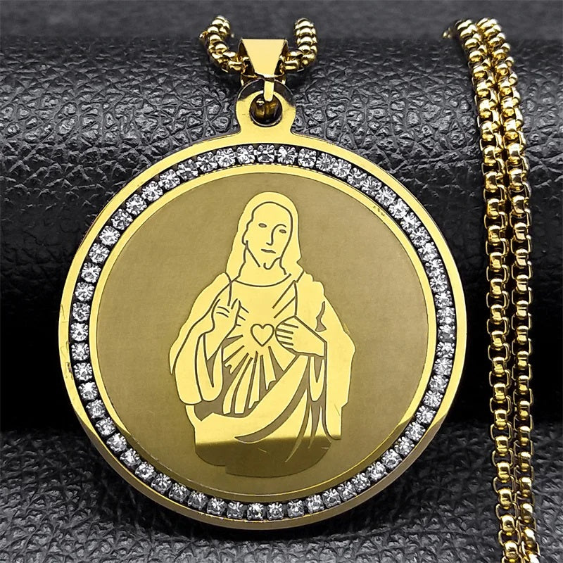 ALDO Jewelry Jesus Christ Heart Stainless Steel Medal Pendant Necklace for Men and Women