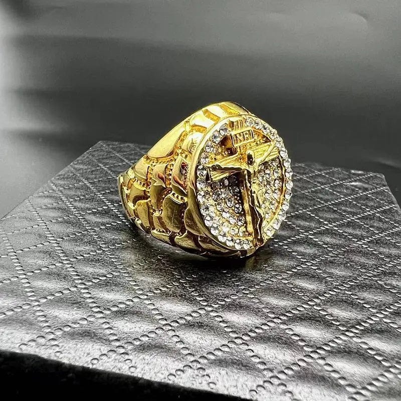 ALDO Jewelry Ring with Cross and Jesus Crist and Rhinestones Gold Color Amulet for Men
