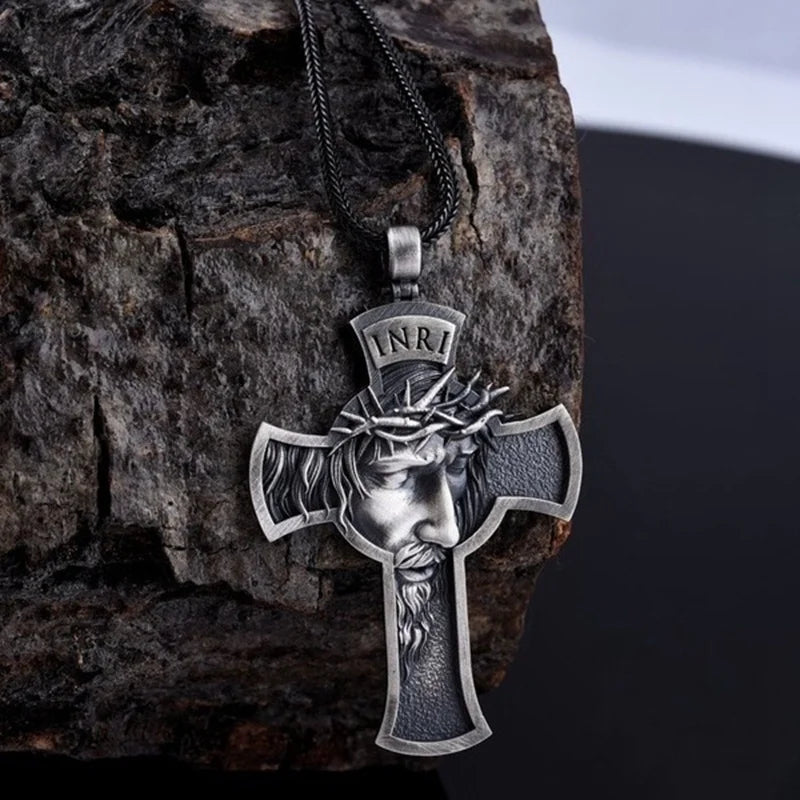 ALDO Jewelry Silver Cross With Jesus Head and Crown of Thorns Amulet Medal Pendant Necklace for Men and Women
