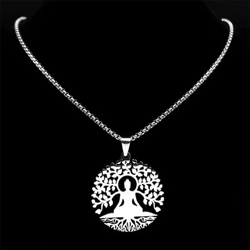 ALDO Jewelry Silver Diameter 50 cm Yoga Buddha Sacred Meditation Necklace Pendant Good Health Protection and Great Fortune for Woman