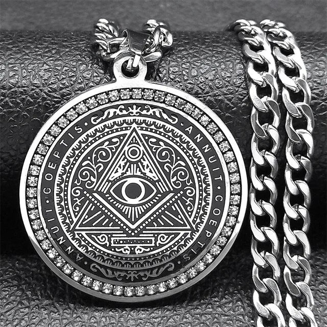 ALDO Jewelry Silver Kabbalah Talisman Seals with Rhine Stones Eye of Providence of God Symbol of Divine Watchfulness and Care Amulet Pentacle Pendant for Grat Protection in Your Life