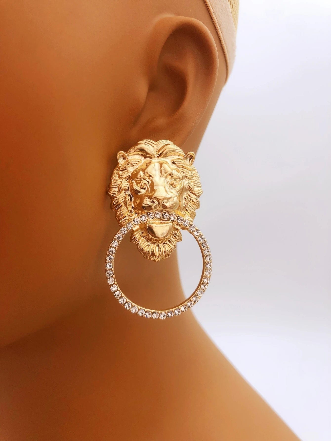 ALDO Jewelry Unique Stylish Lion Head Round Hoop Stud Earrings with Rhinestones