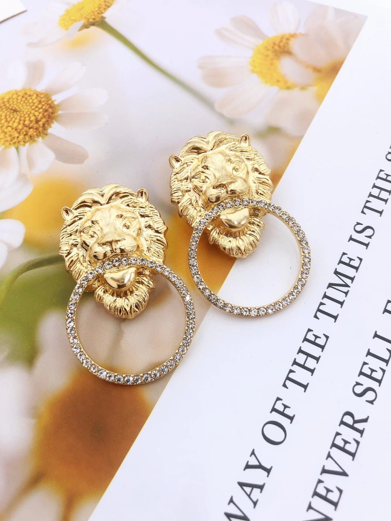 ALDO Jewelry Unique Stylish Lion Head Round Hoop Stud Earrings with Rhinestones