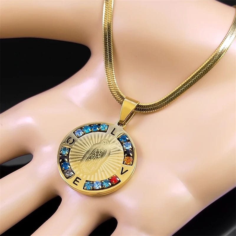 ALDO Jewelry Virgin Mary Our Lady Guadalupe Stainless Steel Amulet Medal Pendant Necklace with Rhinesstones for Protection Men and Women