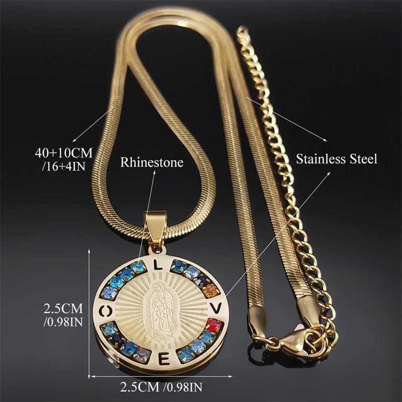 ALDO Jewelry Virgin Mary Our Lady Guadalupe Stainless Steel Amulet Medal Pendant Necklace with Rhinesstones for Protection Men and Women