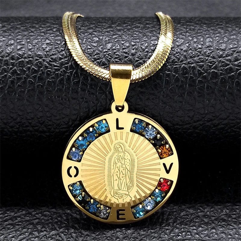 ALDO Jewelry Virgin Mary Our Lady Guadalupe Stainless Steel Amulet Medal Pendant Necklace with Rhinesstones for Protection Men and Women