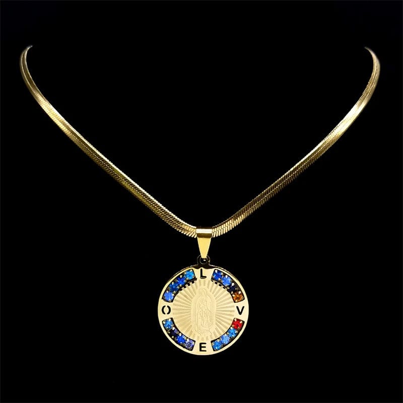 ALDO Jewelry Virgin Mary Our Lady Guadalupe Stainless Steel Amulet Medal Pendant Necklace with Rhinesstones for Protection Men and Women