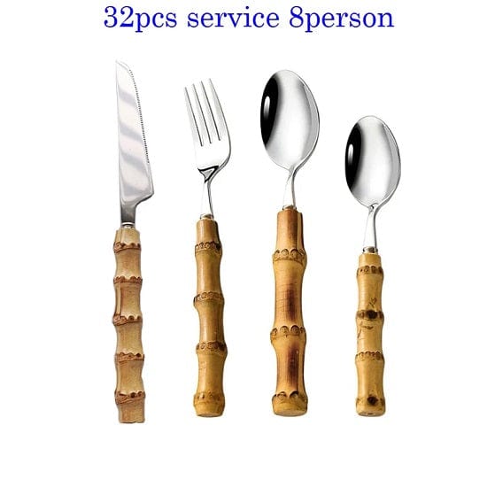 ALDO Kitchen & Dining / Tableware / 32pcs Original Nature Bamboo Handle Stainless Steel Dinnerware Cutlery Sets