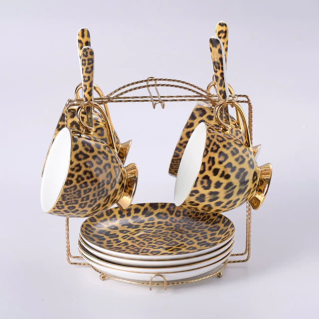 ALDO > Kitchen & Dining > Tableware > Dinnerware Four Cups Saucers and Spoons / porcelain / new Leopard Style Luxury Coffee and Tea Porcelain 24 Karat Gold Plated Sets For Six