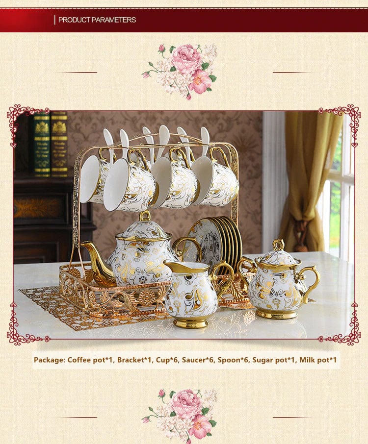 ALDO > Kitchen & Dining > Tableware > Dinnerware Gold Fantasy Royal Court Cofee and Tea Luxury Porcelain Set With 24K Gold Plated For Six with Spoons
