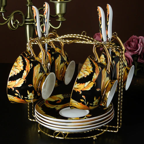 ALDO > Kitchen & Dining > Tableware > Dinnerware Set Of Four Cups Ttwo Saucers Spoons and Rack / porcelain / new British Riyal Collection Style Elegant Coffee and Tea Luxury 24 karat Plated Porcelain Set