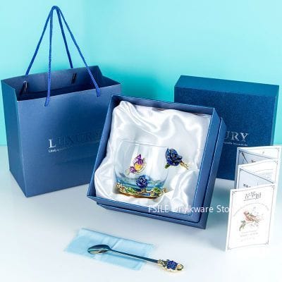 ALDO > Kitchen & Dining > Tableware > Dinnerware Short style Cup with Blue Rose / crystal glass / new Transparent Glass Coffee Tea Mug Blue and Red Roses Heat-Resistant Cup Gift Sets Set with Stainless Steel Spoon and Coaster