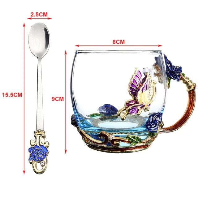 ALDO > Kitchen & Dining > Tableware > Dinnerware Short style Cup with Blue Rose / crystal glass / new Transparent Glass Coffee Tea Mug Blue and Red Roses Heat-Resistant Cup Set with Stainless Steel Spoon, Coaster and Wipe Cloth