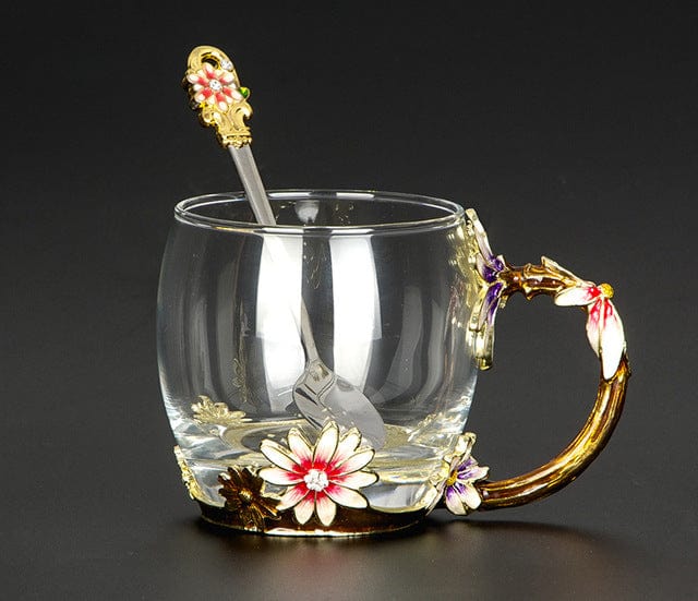 ALDO > Kitchen & Dining > Tableware > Dinnerware Short style Cup with White Flowers / crystal glass / new Transparent Glass Coffee Tea Mug Blue and Red Roses Heat-Resistant Cup Set with Stainless Steel Spoon, Coaster and Wipe Cloth